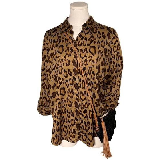 Chaps‎ XL Leopard Print Button Front Cotton Blouse Long Sleeve Safari Shirt - Picture 4 of 8